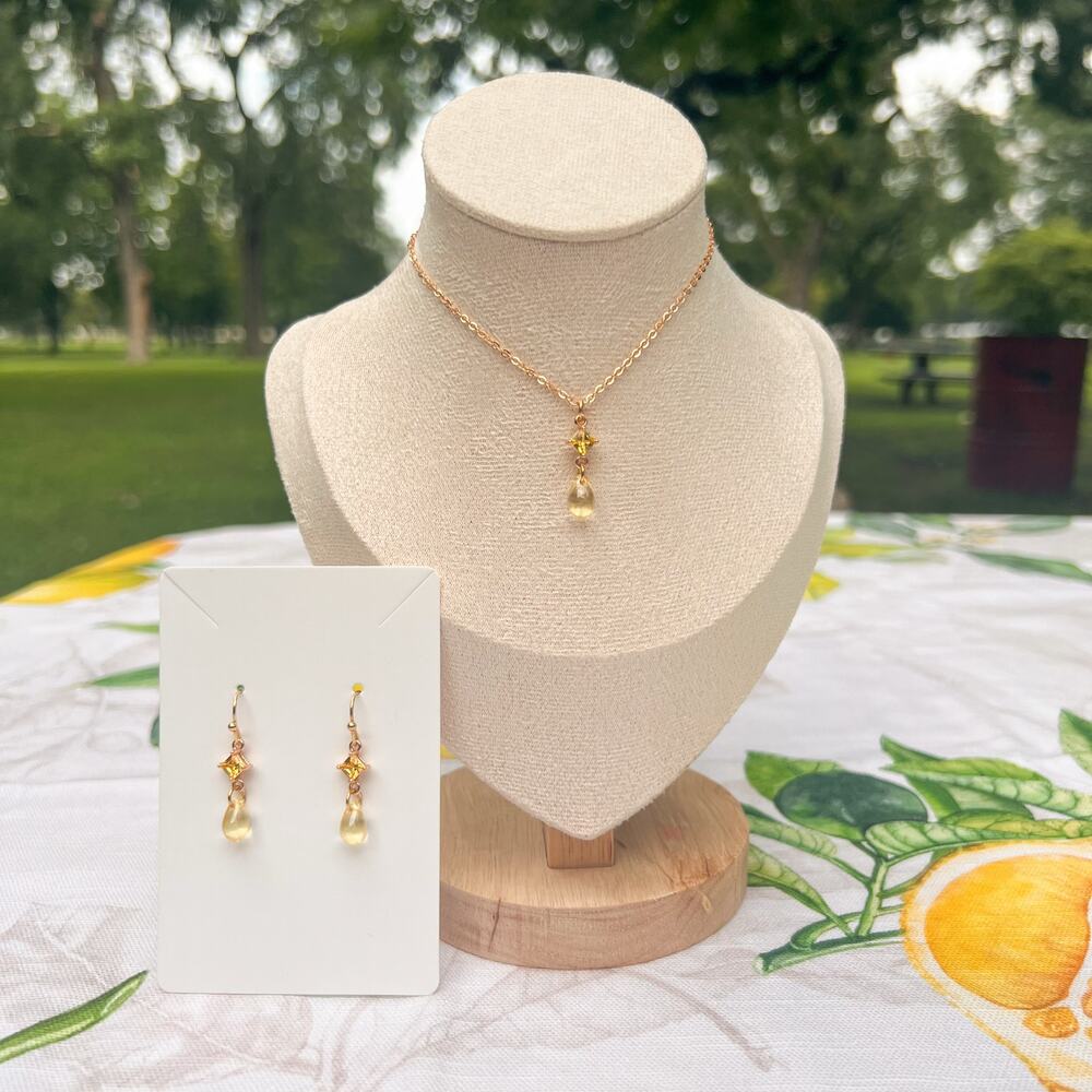 Citrine Yellow Czech Glass Zirconia Crystal Cute Minimalist Jewelry Set Romantic